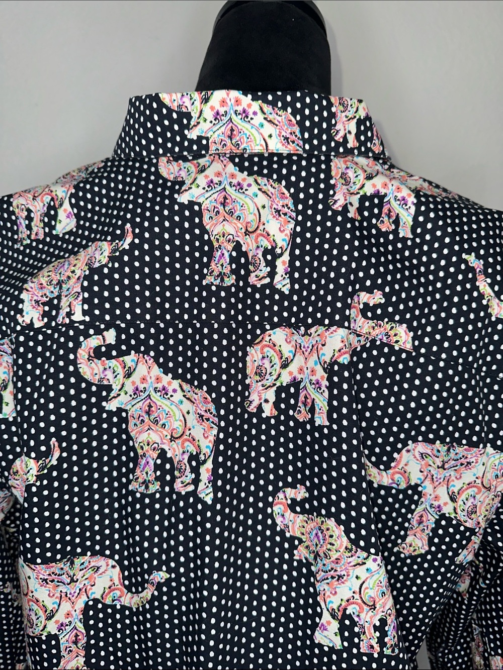 Chico's Black Polka Dot Button-Down with Multicolor Paisley Elephants - Picture 5 of 10